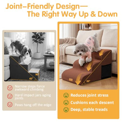 Topmart 3 Tiers Foam Dog Ramps,Non-Slip Pet Step,Extra Wide Deep Dog Stair | High Density Foam Pet Stairs/Ladder,Best for Older Dogs,Cats,Small Pets - color: Brown, size: 23.6*15.7*15.7