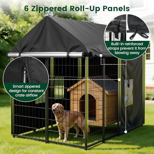 PawGiant Dog Kennel Cover Outdoor, Full Coverage Waterproof Tarp for 8x4x6ft Dog Crate with 600D Oxford Fabric, 4 Transparent Window & Door Curtains for Enclosure Outside, Medium - size: Medium