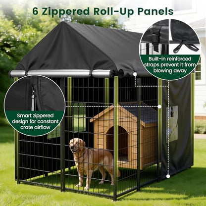 PawGiant Dog Kennel Cover Outdoor, Full Coverage Waterproof Tarp for 8x4x6ft Dog Crate with 600D Oxford Fabric, 4 Transparent Window & Door Curtains for Enclosure Outside, Medium - size: Medium