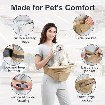Dog Waist Stool - Multifunctional Pet Carrier Harness, Ideal for Daily Walks, Travel and Vet Visits, Keeps Your Hands Free for Cat and Dog Carrier with Safety Leash (Suitable for Small Dogs and Cats) - color: Khaki