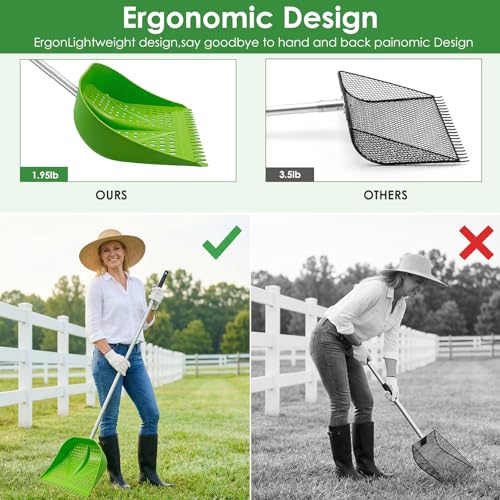 Thiswing Chicken Poop Scooper & Rake 2-in-1, Adjustable Handle Length from 38" to 66", Features Manure Sifting Capability – Ideal for Chicken Coops and Farm Animal Cleaning (Green)