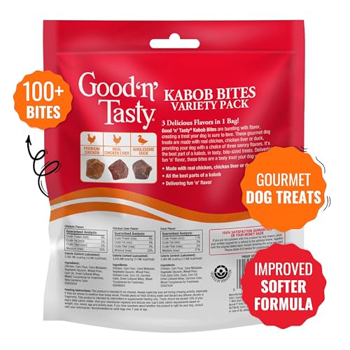 Good 'n' Tasty Kabob Bites Treat for All Dogs, 18 Ounces, Gourmet Dog Treats with Chicken, Duck or Chicken Liver, New Improved Formula for Softer Texture - size: 1.13 Pound (Pack of 1), style: Kabob Bites