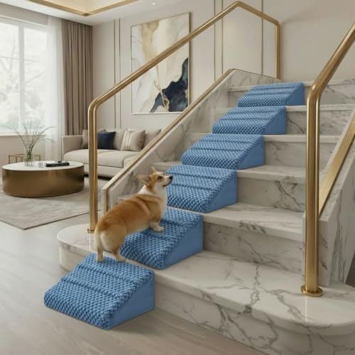 Dog Ramp for Stairs - Anti-Slip Foam Stair Wedges for Small & Senior Dogs, Cats, Gentle Slope Pet Steps with Washable Corduroy Cover, Self-Sticky Pads for Safe Climbing (Blue-6 Pack) - color: Blue-6 PACK