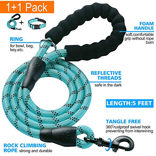 Ladoogo Reflective Dog Collar Padded with Soft Neoprene Breathable Adjustable Nylon Dog Collars for Small Medium Large Dogs (Medium (Pack of 1), Blue Collar+Leash) - color: Blue Collar+Leash, size: Medium (Pack of 1)