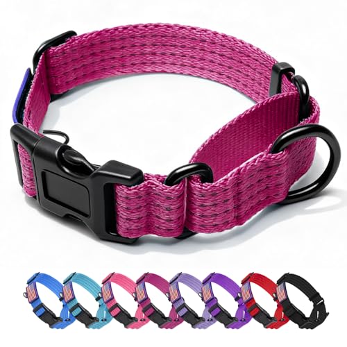 Martingale Dog Collar, Reflective No Pull Training Collar with Quick Release Buckle & USA Flag, Heavy-Duty Nylon, Adjustable for Small Medium Large Dogs (M,Hot Pink - color: Hot Pink with Flag, size: M (1" x 15.5"-19.5")