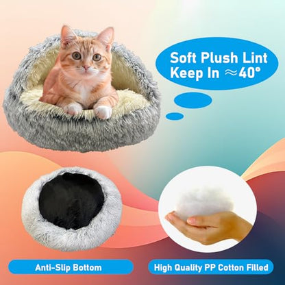 Furry Cozy Cave Bed for Cat, Enclosed Plush Dog Hooded House 20inch | Soft Fluffy, Non-Slip, Washable, Self-Warming, Appease Anti Anxiety Animal, Round