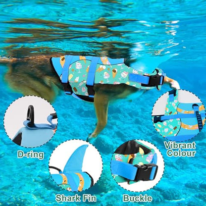 Fragralley Shark Fin Dog Life Jacket High Buoyancy, Adjustable Dog Life Vest with Quick Release Buckles & Rescue Handle for Swimming Boating, Small Medium Large Dogs - color: Shark-Turquoise+Ice cream, size: X-small