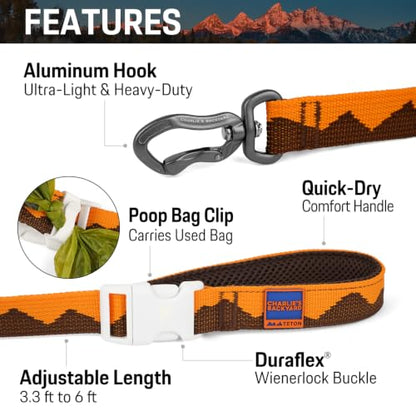 Charlie’s Backyard Teton Dog Leash, Urban to Trail 6 FT Heavy-Duty Lead Adjustable Length Hands-Free Waist-Worn, Ultra-Light Aluminum Hook, Comfort Handle with Poop Bag Clip, Autumn Glow - color: Autumn Glow