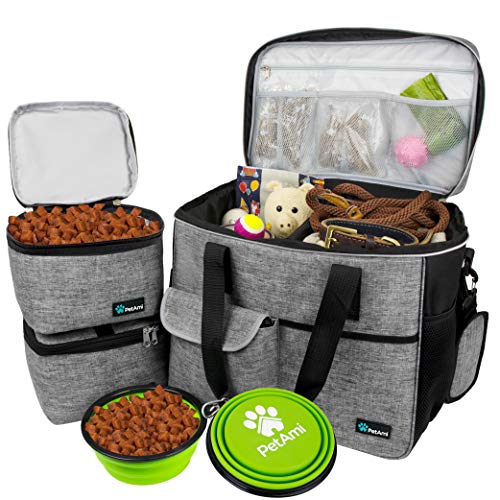 PetAmi Dog Travel Bag Organizer, Pet Travel Kit with 2 Food Containers & 2 Collapsible Dog Bowls, Pet Supplies Tote with Luggage Sleeve, Weekend Road Trip Camping Essentials, Gray, Large - color: Grey, size: Large - 15.5"L x 9.5"W x 14.0"H