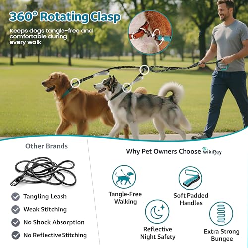 wikiRay Double Dog Leash Coupler for Walking 2 Dogs – No Tangle Dual Dog Splitter with Shock-Absorbing Bungee, Padded Traffic Handles & Reflective Stitching (Grey) - color: Grey