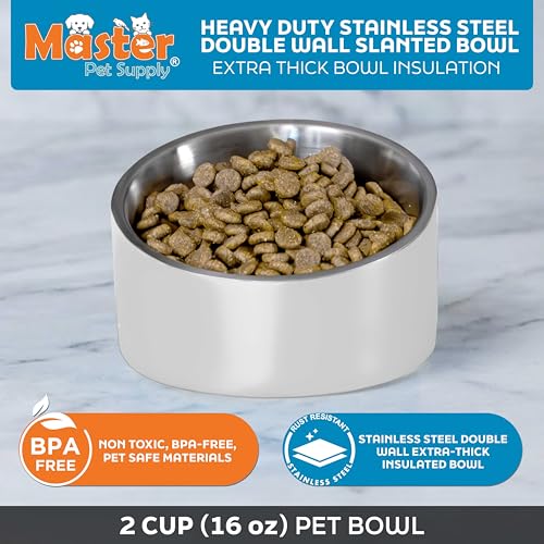 Master Pet Supply Stainless Steel Slanted Dog Cat Food Bowl - 16 oz Heavy Duty - Bone White, Double Wall Insulated, Non-Slip Elevated Bowl for French Bulldogs Pugs Cats, Anti Rust Dishwasher Safe - color: Bone White, size: 2 Cups (16 oz)