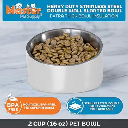 Master Pet Supply Stainless Steel Slanted Dog Cat Food Bowl - 16 oz Heavy Duty - Bone White, Double Wall Insulated, Non-Slip Elevated Bowl for French Bulldogs Pugs Cats, Anti Rust Dishwasher Safe - color: Bone White, size: 2 Cups (16 oz)