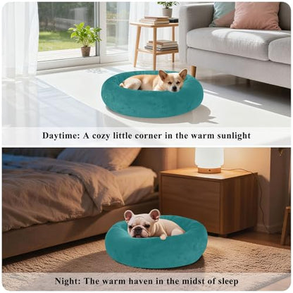 Plain Dark Teal Green Solid Color Calming Dog Bed for Cats & Small Medium Dogs, Washable Plush Round Donut Pet Bed with Soft Raised Rim, 13 inches Warm Anti-Slip Cushio - size: 13 inch