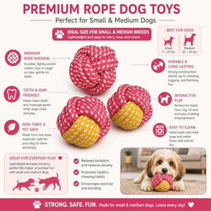 Small Dog Ball Toys/ – Cotton Rope Ball/Dental Chew Dogs Toy for Teeth Cleaning/Fetch Playing, Interactive Tug of War & Puppy Teething Training Toy - color: Pink Random Variations