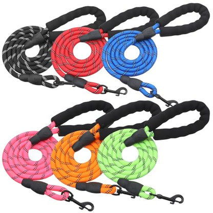 6 Pcs Heavy Duty Rope Dog Leash, 5 FT Nylon Pet Leash with Reflective Thread, Soft Padded Handle Thick Lead Leashs for Large Medium Dogs Small Puppy,0.4inch X 5 FT (18~120 lbs)