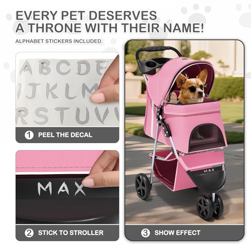 MoNiBloom 3-Wheels Foldable Pet Stroller with Waterproof Cover, Pet Strolling Cart for Small/Medium Dogs and Cats with Storage Basket and Cup Holder, Breathable and Visible Mesh for All-Season, Pink - color: Pink