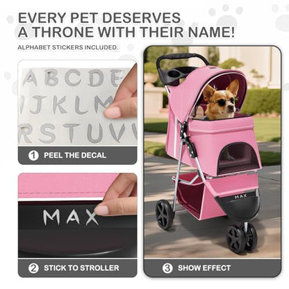 MoNiBloom 3-Wheels Foldable Pet Stroller with Waterproof Cover, Pet Strolling Cart for Small/Medium Dogs and Cats with Storage Basket and Cup Holder, Breathable and Visible Mesh for All-Season, Pink - color: Pink