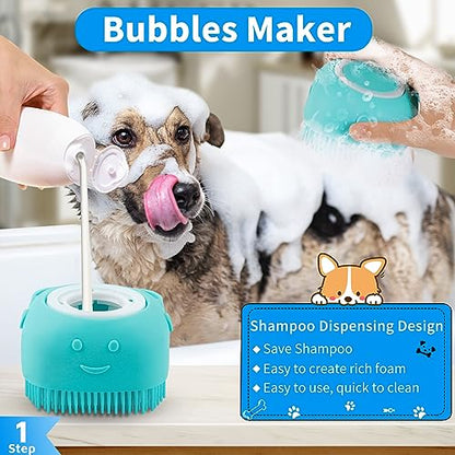 Comotech 3-in-1 Dog Grooming Brush | Adjustable Handle Shampoo Brush & Scrubber for Short & Long Haired Dogs & Cats (Blue Blue White) - color: Blue Blue White