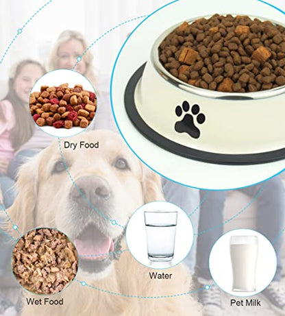 Stainless Steel Dog Bowls, Food and Water Non Slip Anti Skid Stackable Pet Puppy Dishes for Small, Medium and Large Dogs (2 Pack) - color: White & Grey, size: ¾ Cup/7 oz