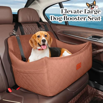 Wooaidagg Dog Car Seat for Medium & Large Dogs Up to 55lbs, Memory Foam Cushion, Washable Cover, Safety Straps & Non-Slip Base (Brown, Large) - color: Brown