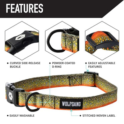 Wolfgang Heavy Duty, Adjustable Dog Collar with Quick Release Nylon Buckle for Walking & Training, BrookTrout Print, Large - color: BrookTrout Print, size: Large (1 Inch x 18-26 Inch)