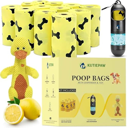Dog Poop Bag Kit - 180 Biodegradable Lemon Scented Poop Bags for Dogs, Duck Plush Toy & Dispenser with Sanitizer - Leak Proof Extra Thick Compostable Dog Waste Bags for Eco-Friendly Walks - style: DOG KIT