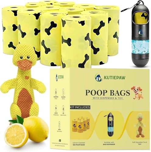 Dog Poop Bag Kit - 180 Biodegradable Lemon Scented Poop Bags for Dogs, Duck Plush Toy & Dispenser with Sanitizer - Leak Proof Extra Thick Compostable Dog Waste Bags for Eco-Friendly Walks - style: DOG KIT