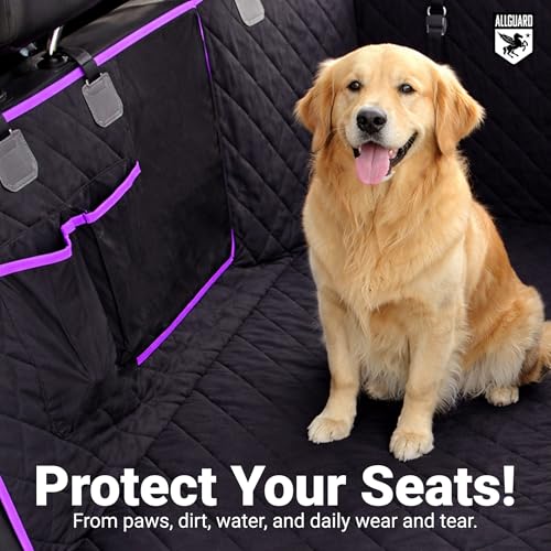 Dog Car Seat Cover, Back Seat Pet Cover - Waterproof, Scratchproof, Nonslip, Backseat Protection from Fur, Dirt, Accidents, Car Size, Black/Purple Color, Safety Harness Included - color: Black with Purple Trim, size: Car Size (Standard)