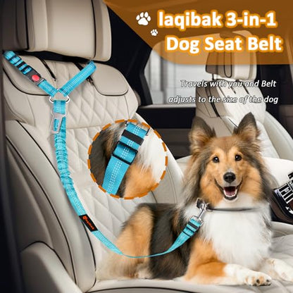 Removable Dog Seat Belt Harness for Car, 3 in 1 Pet Dog Car Seatbelt Leash, Retractable Restraint Secures to Vehicle Headrest & Adjustable Reflective Bungee Dog Seatbelt Tether, Blue and Black - color: Black+Blue