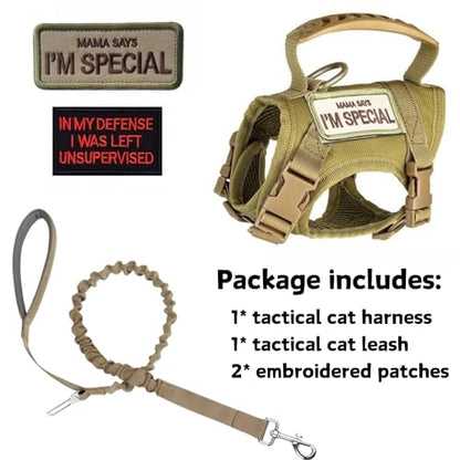 Tactical Cat Harness and Leash Set for Walking Escape Proof Adjustable Large Cat Vest Harness with Patches Soft Mesh Padding Rubber Handle Easy to Control (Khaki Harness & Leash)