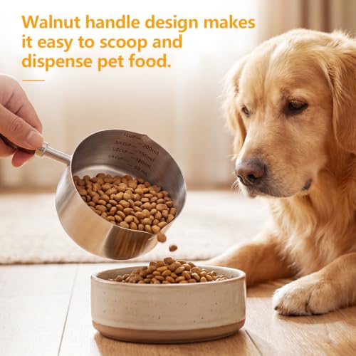 Ondware Dog Cat Food Scoop Measuring Cup, 1 Cup 304 Stainless Steel Pet Food Scoop with Precision Scale Measurements, Wooden Handle, Portion Control for Pets, Dishwasher Safe