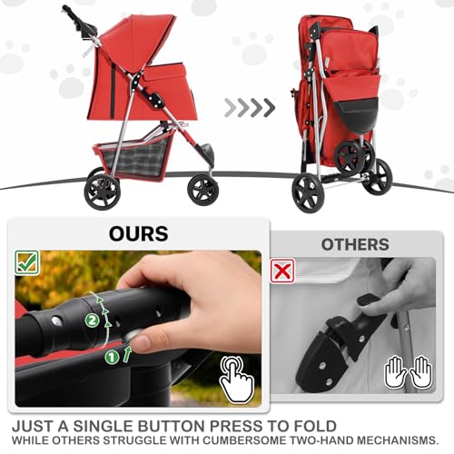 MoNiBloom 3 Wheels Pet Stroller, Foldable Puppy Cage Jogger Stroller with Weather Cover for All-Season, Storage Basket and Cup Holder, Breathable and Visible Mesh for Small/Medium Pets, Red - color: Red