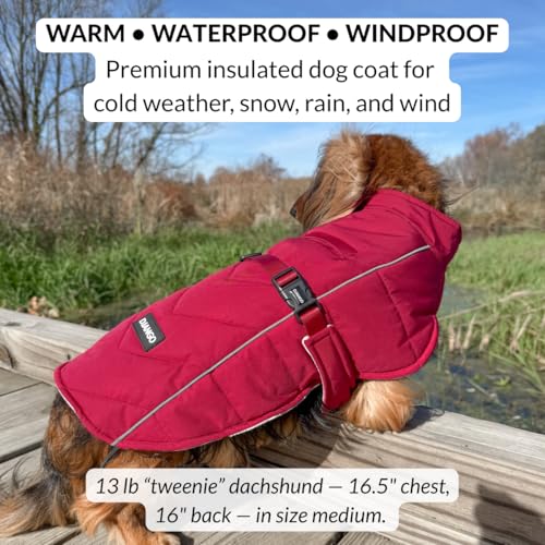DJANGO Insulated Winter Dog Coat – Warm, Water-Repellent Puffer Jacket for Small Dogs, Dachshunds & Puppies – Adjustable, Reflective Cold-Weather Dog Coat with Harness Hole – Firelight Red, Small - color: Firelight Red, size: Small