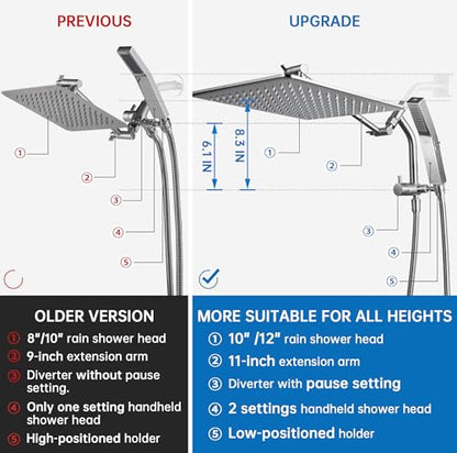 G-Promise All Metal 12 Inch Rain Shower Head with Power Wash Mode Handheld Spray Combo, Pause Setting 3-way Diverter, Full Body Coverage Waterfall Showerhead, Luxury Bathroom Upgrade (Brushed Nickel) - color: Brushed Nickel, size: 12 Inches