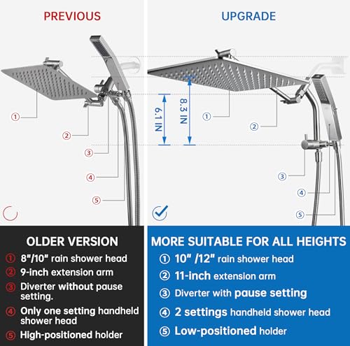 G-Promise All Metal 10 Inch Rain Shower Head with Power Wash Mode Handheld Spray Combo, Pause Setting 3-way Diverter, Full Body Coverage Waterfall Showerhead, Luxury Bathroom Upgrade (Brushed Nickel) - color: Brushed Nickel, size: 10 Inches