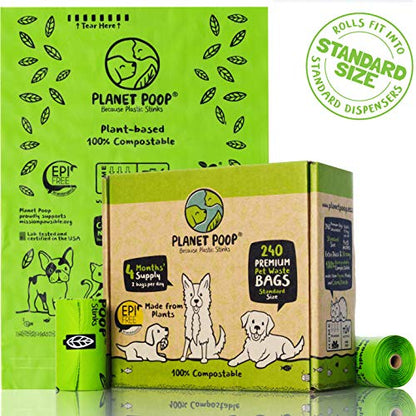 PLANET POOP Home Compostable Dog Poop Bags on Refill Rolls, 240 Un-Scented Pet Waste Bags, Thick Leakproof Plant-Based Doggy Bag, Cat & Dogs Supplies - size: 240 Count (Pack of 1)