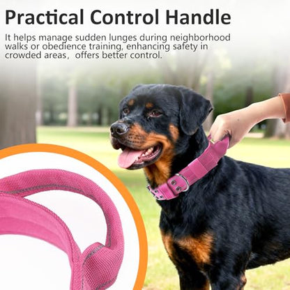 Tactical Dog Collar with Control Handle, Military Adjustable Pet Collar Reflective Heavy Metal Buckle Dog Collar, Soft Nylon Training Collar for Medium Large Dogs (Rose Red, Medium) - color: Rose Red, size: Medium