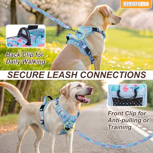 BEAUTYZOO No Pull Dog Harness Large,Adjustable Dog Harness and Leash Set -Easy Wearing with 3 Buckles/Control Handle,No Choke Soft Padded Reflective Pet Vest for Training Walking Hiking,Blue XL - color: Blue Flower, size: XL: chest 22"-44"