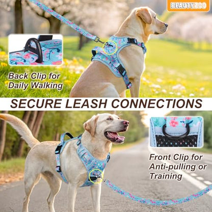 BEAUTYZOO No Pull Dog Harness Small, Adjustable Dog Harness and Leash Set -Easy Wearing with 3 Buckles/Control Handle,No Choke Soft Padded Reflective Pet Vest for Training Walking Hiking,Blue S - color: Blue Flower, size: S: chest 14"-24"