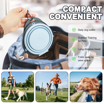 2-in-1 Blue Collapsible Dog Bowls with Carabiner | Foldable Water Bowl(320ml) Foldable Slow Food Bowl(130g) for Dogs Cats Travel Hiking Camping - color: Blue