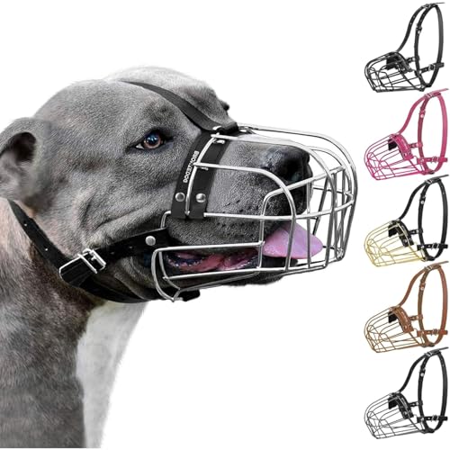 BRONZEDOG Pitbull Dog Muzzle Metal Mask Amstaff Wire Basket Pit Bull Adjustable Leather Straps for Large Dogs (Steel) - color: Leather, Steel