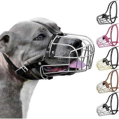 BRONZEDOG Pitbull Dog Muzzle Metal Mask Amstaff Wire Basket Pit Bull Adjustable Leather Straps for Large Dogs (Steel) - color: Leather, Steel