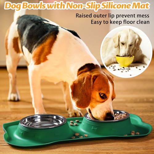 Hubulk Pet Dog Bowls 2 Stainless Steel Dog Bowl with No Spill Non-Skid Silicone Mat + Pet Food Scoop Water and Food Feeder Bowls for Feeding Small Medium Large Dogs Cats Puppies (Medium, Hunter Green) - color: Hunter Green, size: Medium