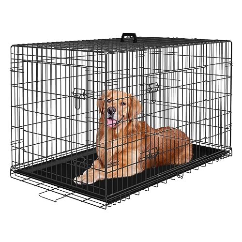 PayLessHere Large Dog Crate Kennel for Medium Large Dogs Metal Dog Cage Double-Door Folding Travel Indoor Outdoor Puppy Playpen with Divider and Handle Plastic Tray (48 Inch, Black) - color: Black, size: 48.0"L x 29.0"W x 31.0"H