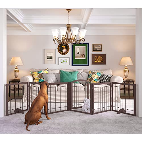 JSB 144-inch Extra Wide 30-inch Tall Dog gate with Door Walk Through, Freestanding Pet Gate for Halls, Stairs & Home, Pet Puppy Safety Dog Fence with 2PCS Support Feet (Espresso) - color: Espresso, size: 144 x 30 inches