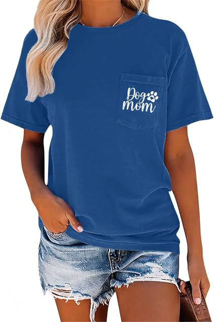 YHHR Mama Shirt Dog Mom Shirt Funny Dog Paw Graphic Letter Tee Shirts with Pockets Pets Lover Short Sleeve Tops - color: Blue, size: X-Large