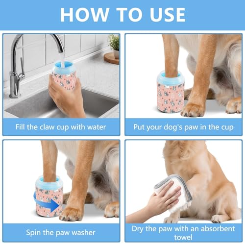 Cute Animals Puppies Pink Pattern Dog Paw Cleaner Cup with Soft Silicone Brush, Small Portable Lightweight Muddy Paw Washer for Dogs, Easy to Use Pet Foot Cleaner