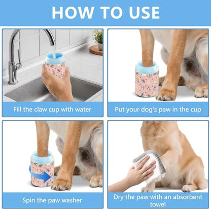 Cute Animals Puppies Pink Pattern Dog Paw Cleaner Cup with Soft Silicone Brush, Small Portable Lightweight Muddy Paw Washer for Dogs, Easy to Use Pet Foot Cleaner