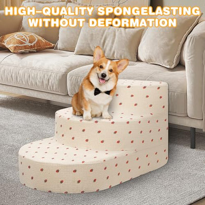 Dog Stairs 3 Steps Foam Pet Ramp for Small Dogs Cats, Strawberry | Non-slip foam stairs with washable cover, ideal for beds & sofas. Sturdy, safe & easy to clean. - color: Strawberry-3-Step