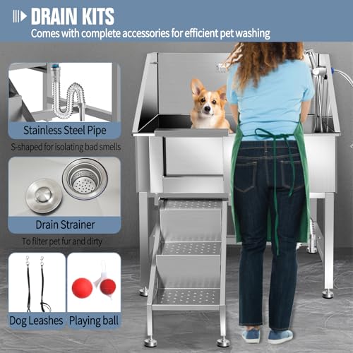 38" Dog Bathing Station, Professional Dog Washing Station Stainless Steel Dog Grooming Tub for Home,Equipped with Three Anti-Slip Steps, Removable Door, Pet Wash Station for Pet,L-RAMP - color: L-RAMP
